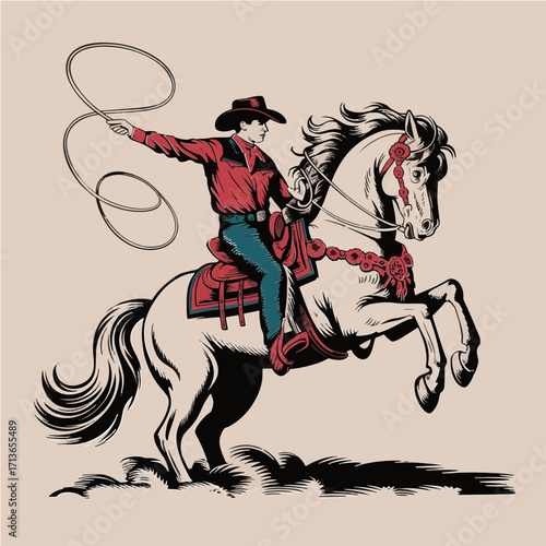 A heroic cowboy raises his lasso while horse rears upward in striking vintage red and white print design