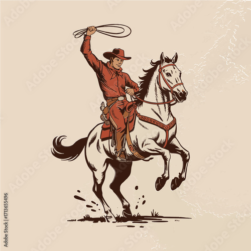 A detailed linocut of cowboy raising hand in motion while white horse decorated with ornate bridle rears upward