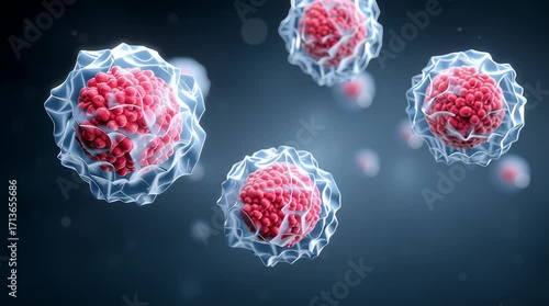 Russian cancer vaccine concept showing microscopic cancer cells with protective membrane glowing effect in dark background medical biology health
