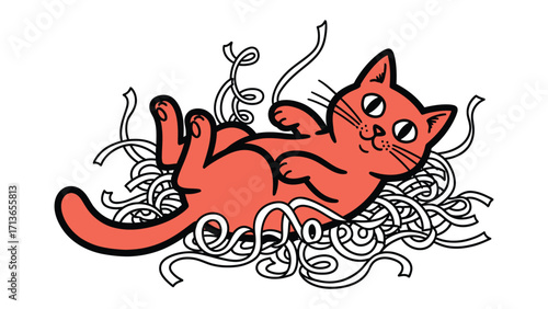 Playful Feline Amidst Noodles: A delightful illustration showcases a charming cat, amidst a playful entanglement of noodles, epitomizing whimsy and lightheartedness.