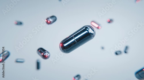 Metallic pharmaceutical capsule pills and vaccine float futuristic health environment symbolizing advanced cancer treatment with innovative medicine