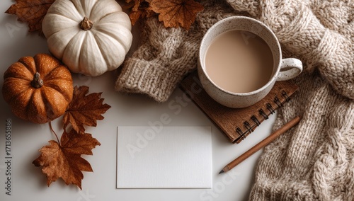Cozy autumn scene pumpkins, warm drink, knitted sweater, blank card, pencil, and autumn leaves on a white surface