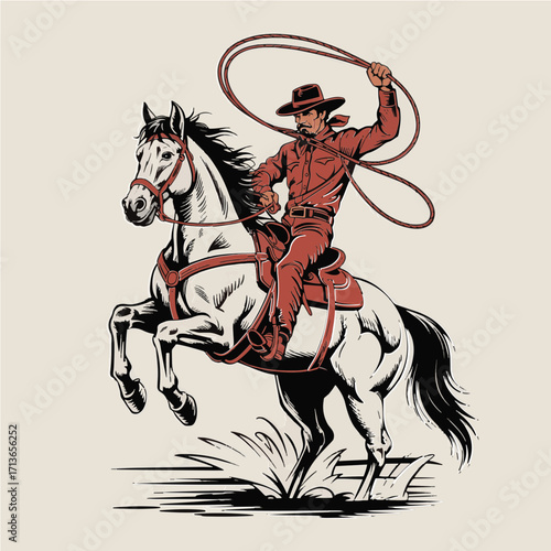 A bold retro woodcut illustration of a cowboy in dark red attire riding a dramatic rearing horse in striking motion