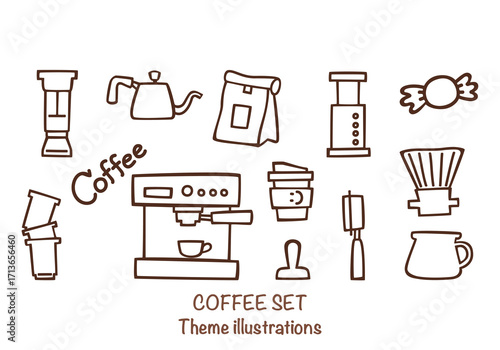 Hand-drawn coffee set illustration includes an espresso machine, Moka pot, coffee beans, cups, and barista equipment. Vector illustrations are perfect for a coffee shop design, menu, or branding.

