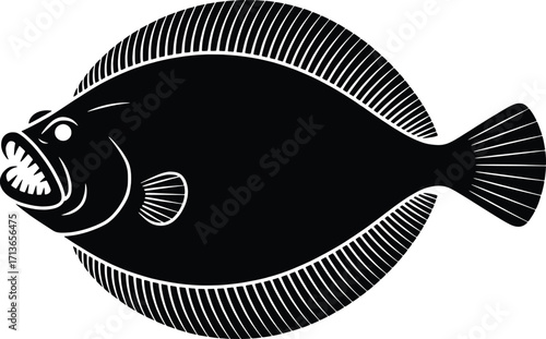 Silhouette of a flounder fish with sharp teeth and detailed fins on