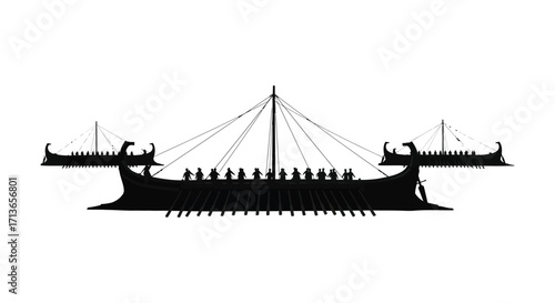 A silhouette of a viking longship with many figures aboard sailing