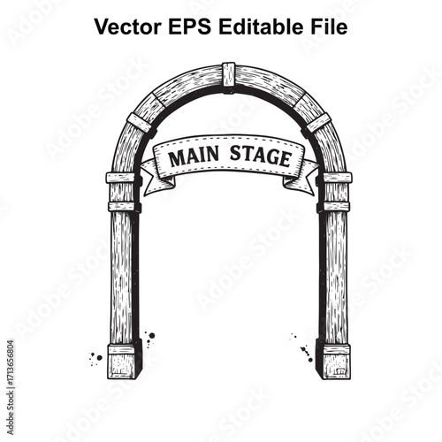 Vector art of vintage wooden archway with main stage banner