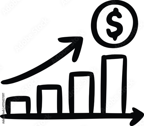 Hand drawn sketch of a rising bar graph with dollar sign indicating financial growth and success