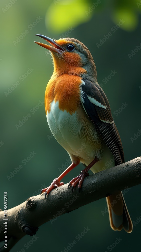 Fototapeta premium A small bird with orange and black feathers perches on a branch in bright sunlight.