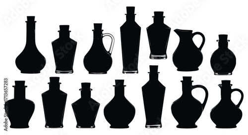 Collection of vintage glass bottles and jugs in black silhouette style
