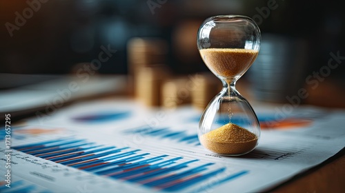 Hourglass with Sand on Financial Reports and Graphs Illustrating Time Management and Business Analysis Concepts