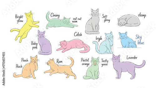 Cat Color Varieties: A collection of whimsical cat illustrations in vibrant hues, showcasing the endless possibilities of feline artistry.