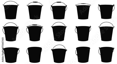 Arrangement of black plastic buckets isolated on a plain white background