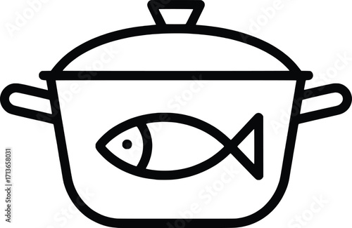 Simple line art cooking pot with fish emblem for culinary themes and food service