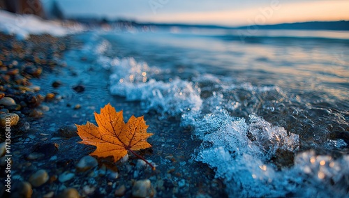 A lone, orange maple leaf rests on a pebble-strewn shore, partially submerged by icy, translucent waves lapping at the edge of a calm lake during a serene sunset