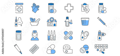 Medical pharmacy line icon set. First aid, gloves pill bottles, cross, prescription, nasal spray, mortar,    vials, bandage simple vector illustrations. Blue color. Editable Stroke