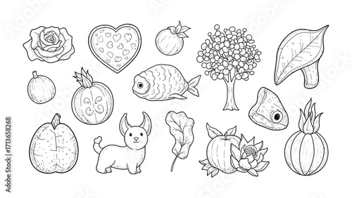 Nature's Whimsical Collection: An illustrated assortment of charming flora and fauna elements, all rendered in striking line art, ready for creative projects 