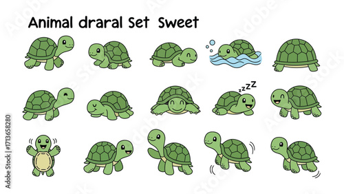 Sweet Turtle Set: An adorable collection of cartoon turtles, showcasing various poses and expressions, perfect for playful design elements and illustrating a sense of whimsical fun.