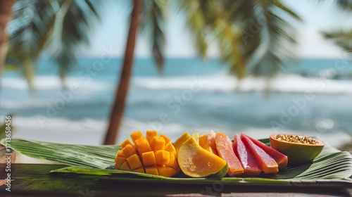 Tropical fruit platter on banana leaf with ocean view healthy eating vacation travel summer food photography