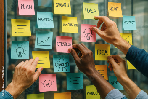 Strategic planning session in action. A team maps out a new business strategy using a visual method with sticky notes to organize tasks and structure ideas.