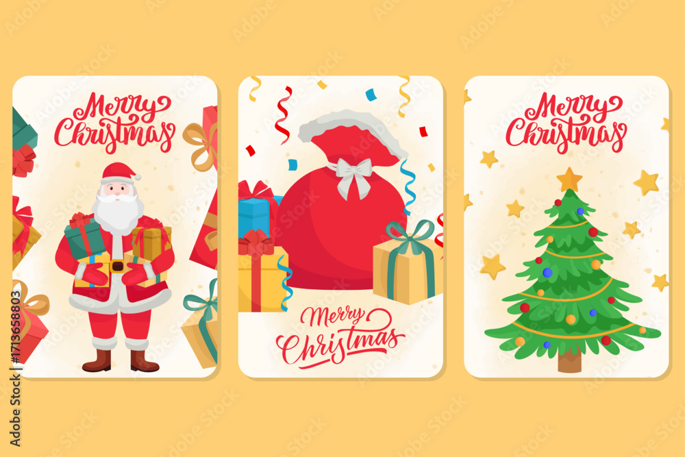 Fototapeta premium Christmas greeting card with Santa Claus elements Gifts Christmas tree red bag with presents