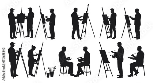 Silhouettes of artists painting at easels in various poses and settings