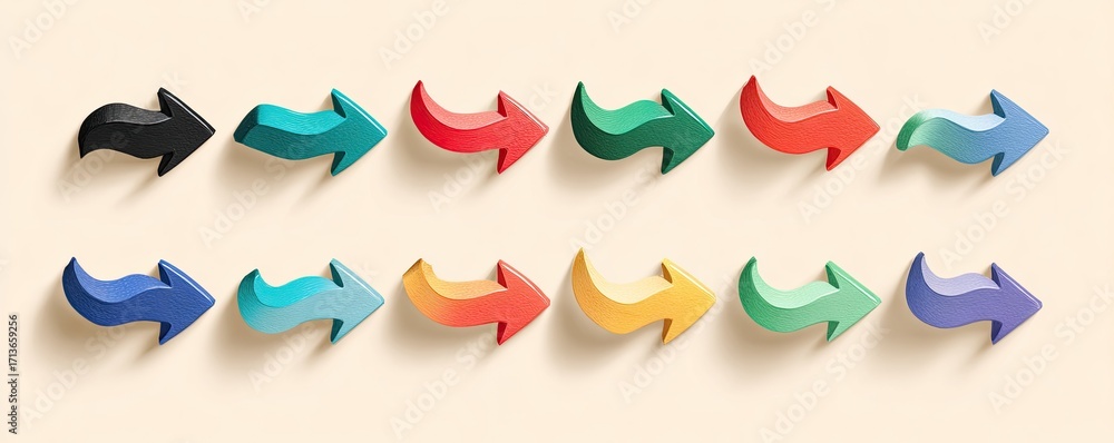 Obraz premium Twelve vibrant, 3D arrows in various colors, arranged in two rows on a neutral background, casting soft shadows