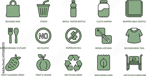 Zero waste and sustainable living icons set with reusable bag, compost bin, glass bottle, cloth napkin, recyclable cup, metal straw, no plastic symbol, biodegradable packaging, recycling logo, eco t-s