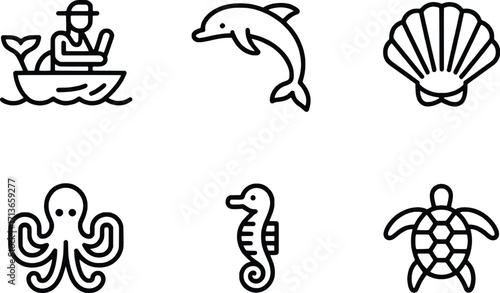 Set of six charming hand-drawn ocean life icons for summer and marine themes