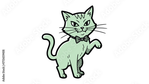 Sophisticated Cat in Elegant Bow Tie: This distinguished cat, adorned with a smart bow tie, stands poised, embodying charm and grace, rendered in a clean and playful illustration.