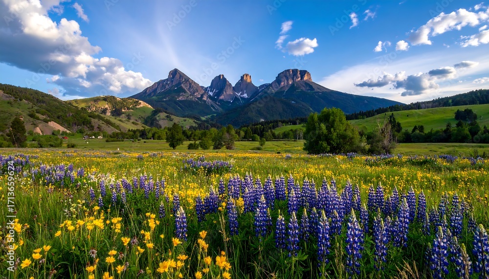 Fototapeta premium Vibrant Wildflower Meadow with Majestic Mountain Peaks Under a Dramatic Sky.