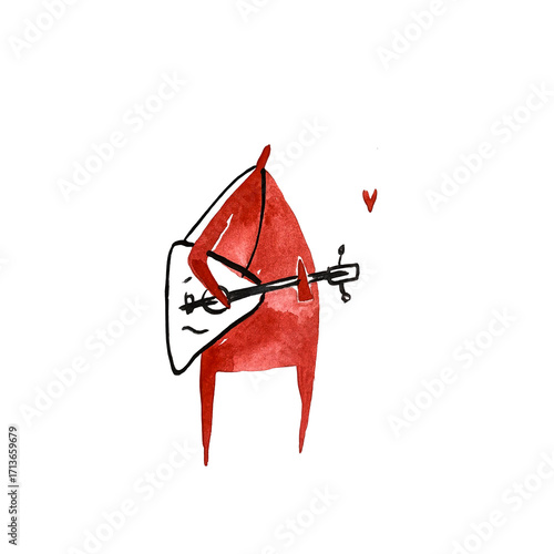 Hand paint watercolor stick figure illustration. Watercolor character people. Heart. Man plays the balalaika. Music festival. 