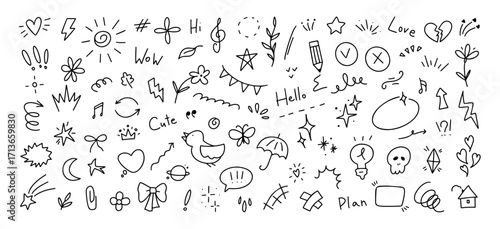 Doodle simple elements. Cute line heart, arrow and star, gift bow, skull and bird, diamond and flower, pencil and butterfly, lightning and lightbulb, sun. Vector sketch hand drawn set