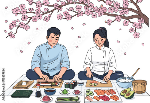 Cherry blossom picnic, sushi preparation, Japanese chefs, spring season, culinary tradition, outdoor cooking, serene nature, food art, cultural heritage, gourmet experience