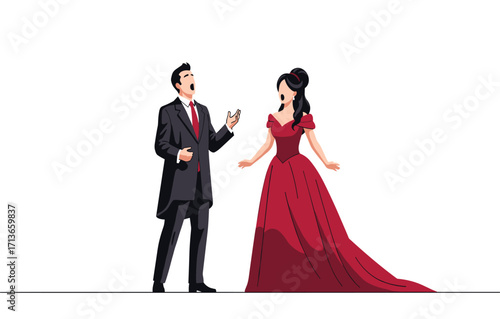 Opera performance, duet singers, formal attire, red gown, black suit, dramatic expression, musical stage, theatrical art, live concert, vocal harmony