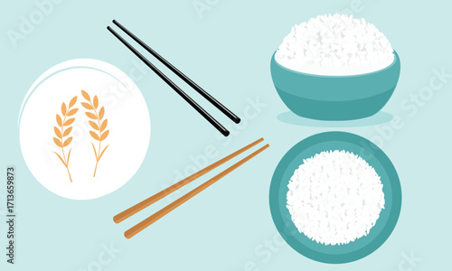 Rice bowl top view with chopsticks and rice or wheat logo signs on green mint background vector.
