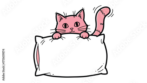 Cute cat behind pillow: An adorable pink cat peeks out from behind a fluffy pillow, its expressive eyes and perky ears adding a touch of whimsy to this charming illustration. 