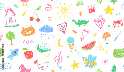 Kids drawing seamless pattern. Children sketch crayon chalk texture, dino and cat, apple and house, heart and sun, cloud and fog, star and bird, rocket. Vector background