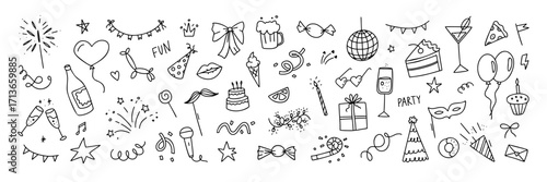 Doodle party elements. Hand drawn birthday and happy New Year celebration icons. Sketch cake, disco ball, festive fireworks and candy, balloon and confetti. Vector isolated set