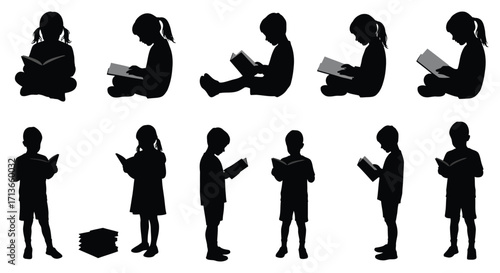 Silhouettes of children reading books in various seated and standing positions