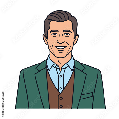 Illustrative Portrait of a Smiling Man in a Suit, Personifying Confidence and Professionalism with Subtle Artistic Details