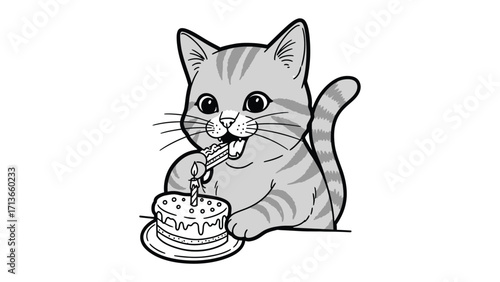 Sweet Kitten's Birthday Cake: A cute kitten joyfully celebrates a birthday, savoring a piece of cake with a lit candle, capturing the joy of a special day.