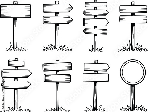Hand drawn wooden signposts and directional arrows set for navigation guidance and information