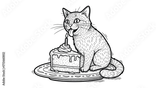 Festive Feline Fiesta: A playful illustration captures a curious cat eagerly celebrating its birthday with a tempting slice of cake and a single lit candle.