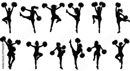 Dynamic silhouettes of cheerleaders performing energetic jumps and routines