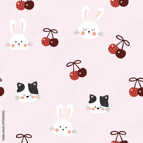 rabbit and cat  heads with cherries seamless pattern , vector , illustration