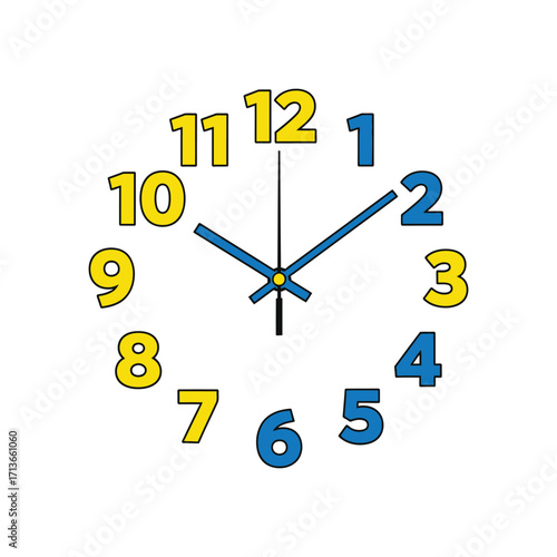 Clock Face with Blue Hands and Yellow Numbers, Telling the Time, Educational Tool for Learning to Tell Time