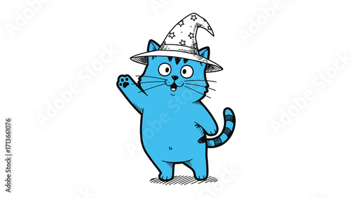 Whimsical Wizard Cat: A charming, cartoon cat, donned in a pointed wizard hat, waves enthusiastically, embodying a fusion of fantasy and feline charm.