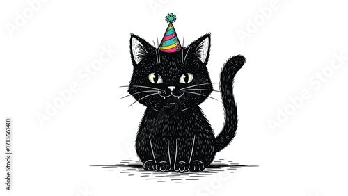 Birthday Cat Illustration: An adorable black cat with a party hat, exuding charm and festive cheer. This charming illustration is perfect for conveying joyous moments and celebration.