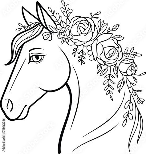 Elegant horse head with floral crown line art drawing for beautiful nature and equestrian designs